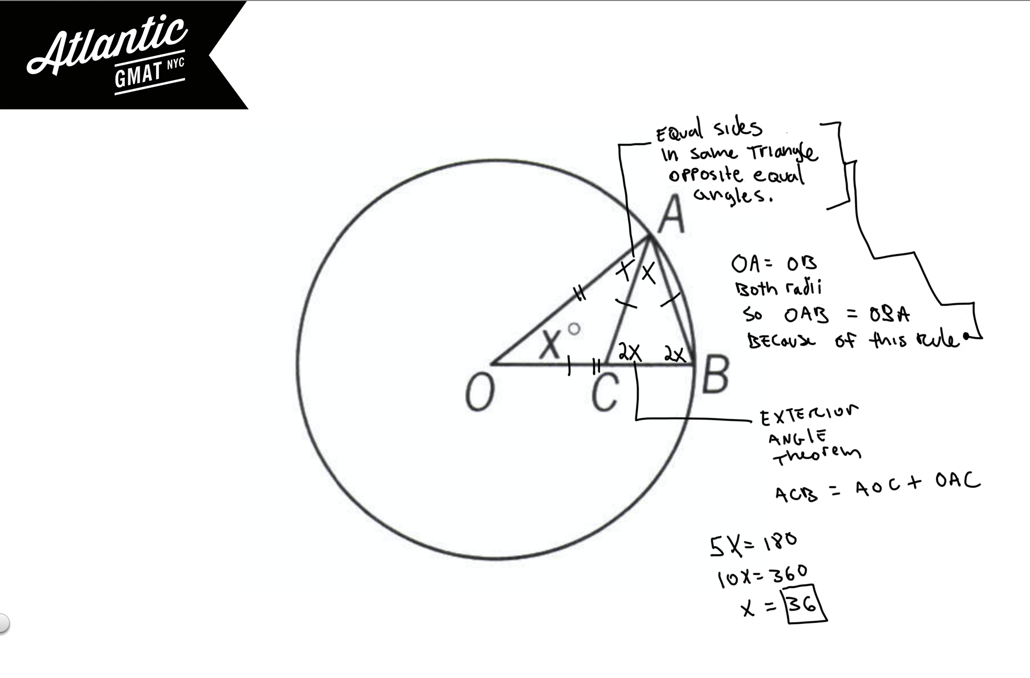 in the figure above, point o is the center of the circle and oc = ac = ab. what is the value of x? solution