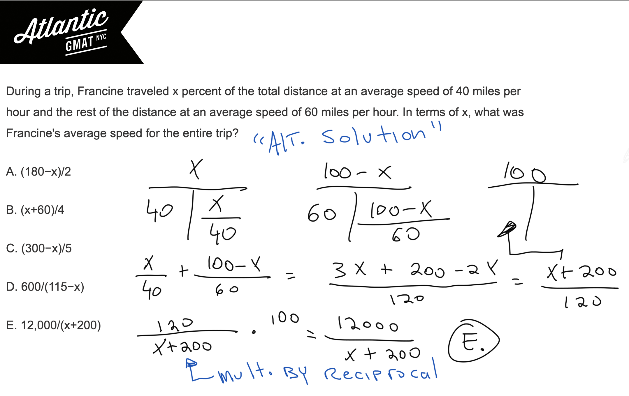 during a trip, francine traveled x percent of the total distance at an average speed of 40 miles per hour gmat explanation alt diagram