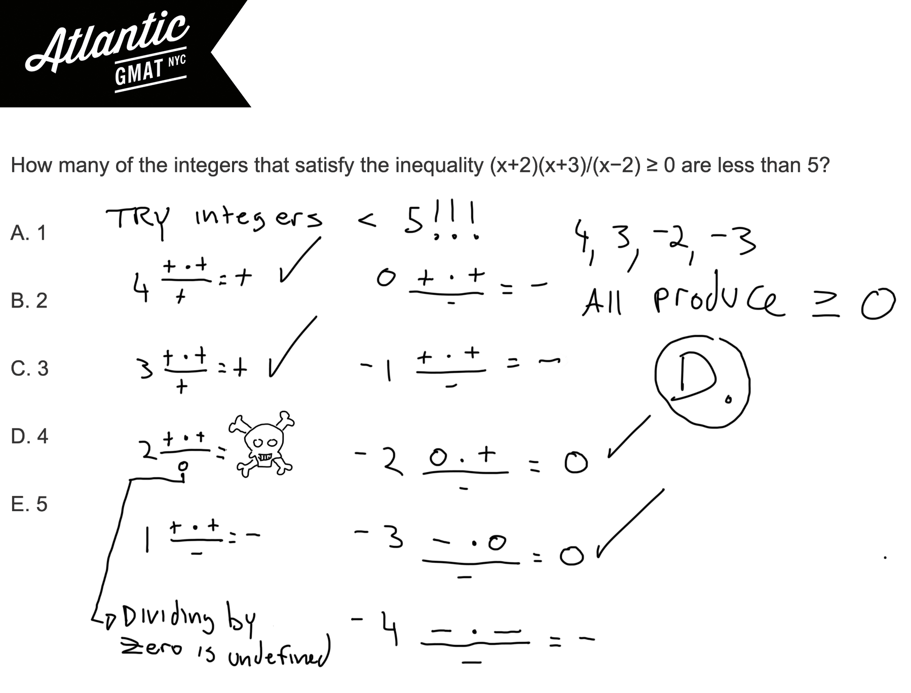 how many of the integers that satisfy the inequality (x+2)(x+3):(x−2) ≥ 0 are less than 5? gmat explanation diagram