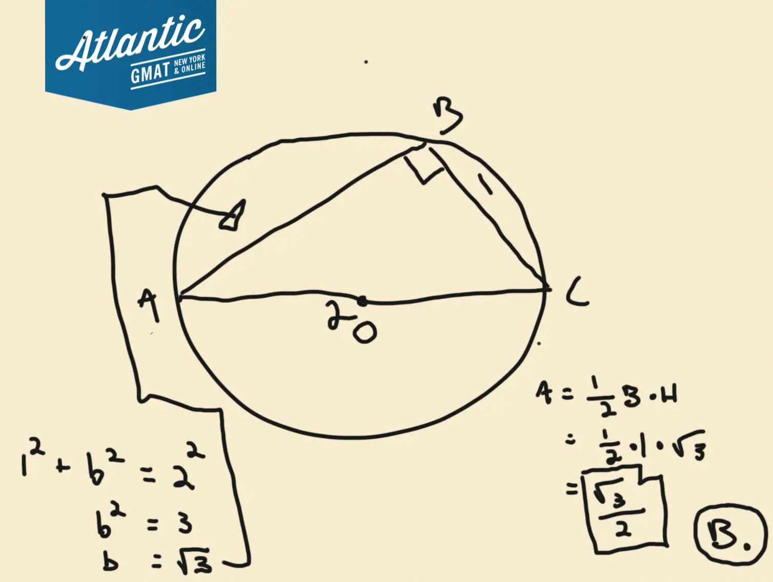 in the figure above, the radius of the circle with center o is 1 and bc = 1. what is the area of triangular region abc? solution diagram